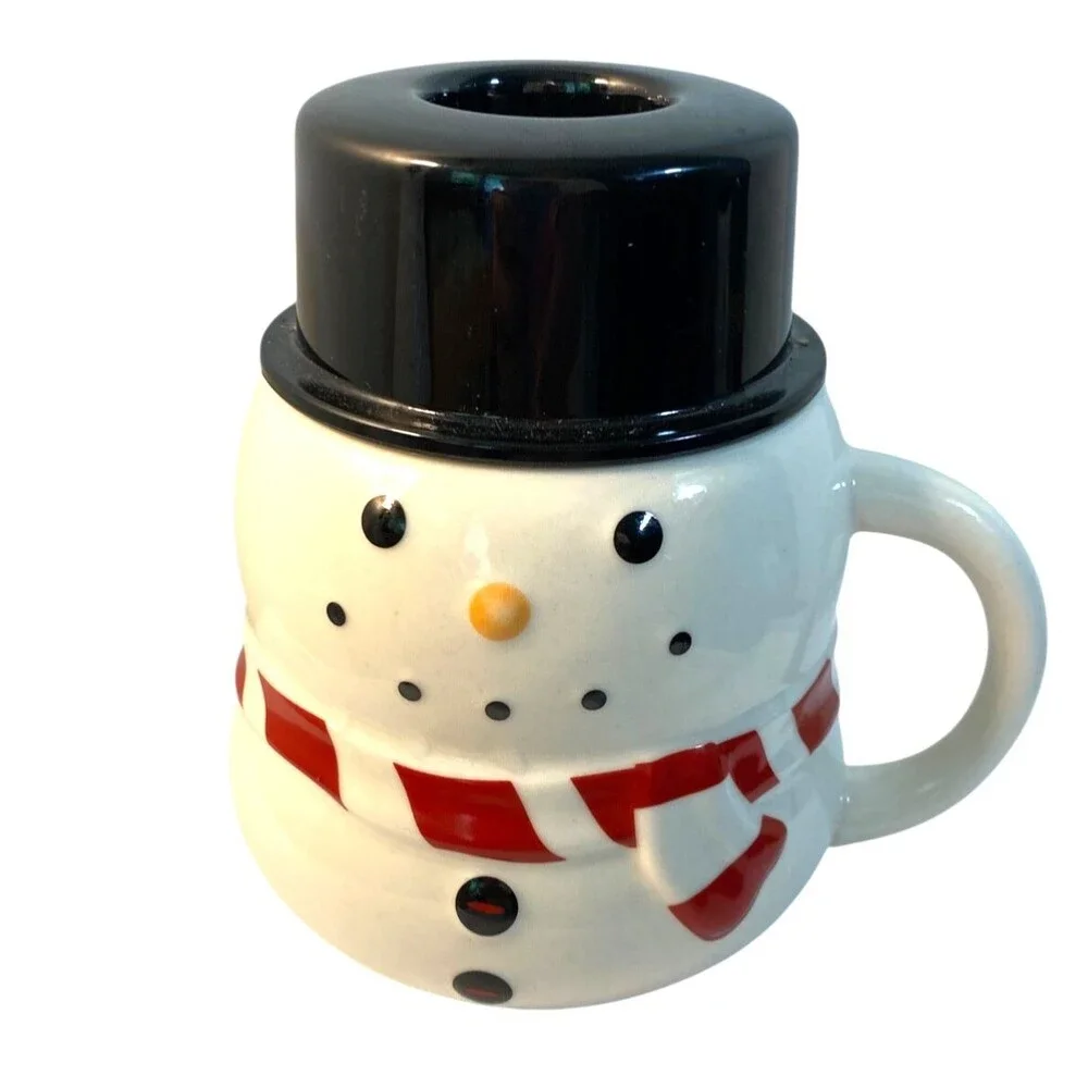 4 Snowman Mug 8 oz Williams Sonoma Cup with Top Hat Lid Winter Christmas 2004